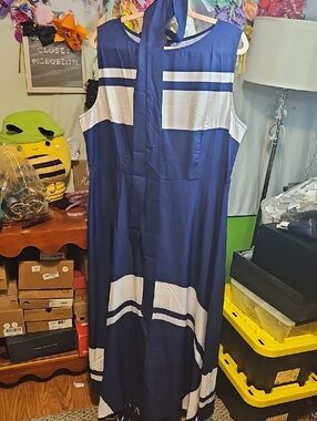 Navy and White Sleeveless Maxi Dress